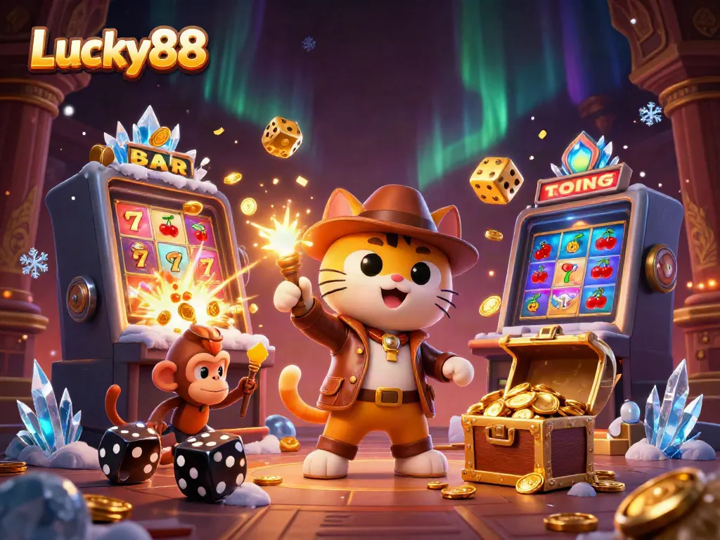 Experience the excitement of Lucky88 with a cartoon explorer uncovering casino treasures amidst dynamic gaming elements.