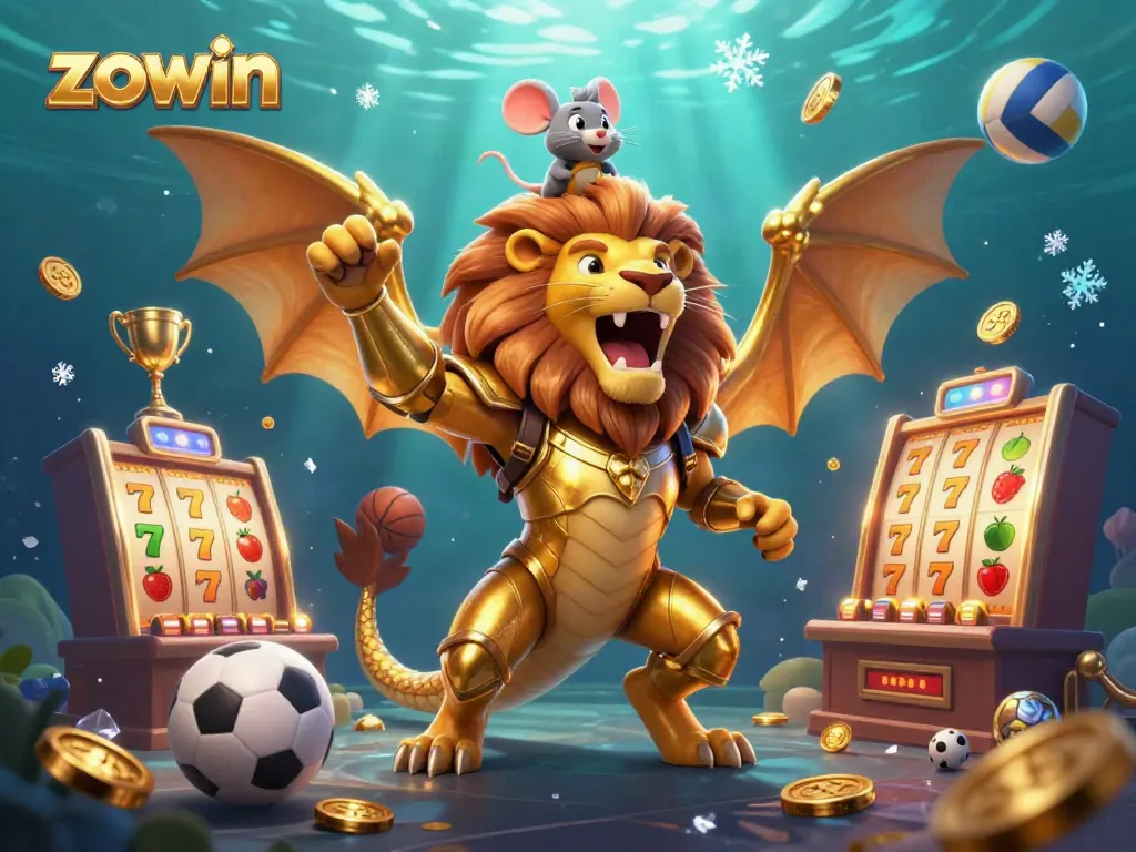 Experience the thrill of zowin with this vibrant 3D casino illustration showcasing a roaring chimera with gaming symbols.