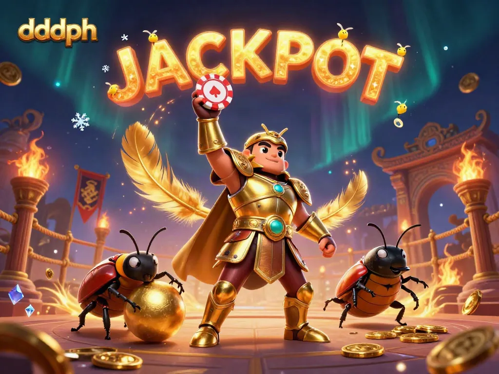 Experience the excitement of dddph as a hercules beetle wins with a poker chip surrounded by vibrant casino elements.