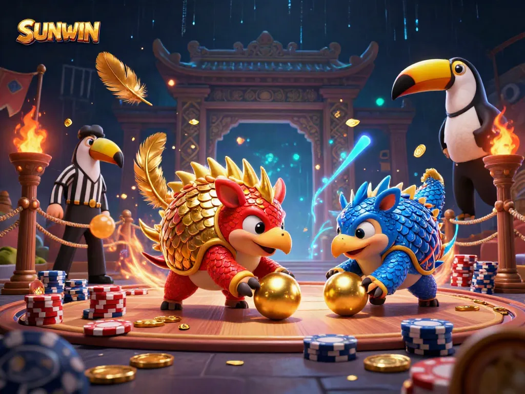 Engage in thrilling gameplay with SUNWIN as pangolins battle through poker chips and golden scales in this 3D illustration.