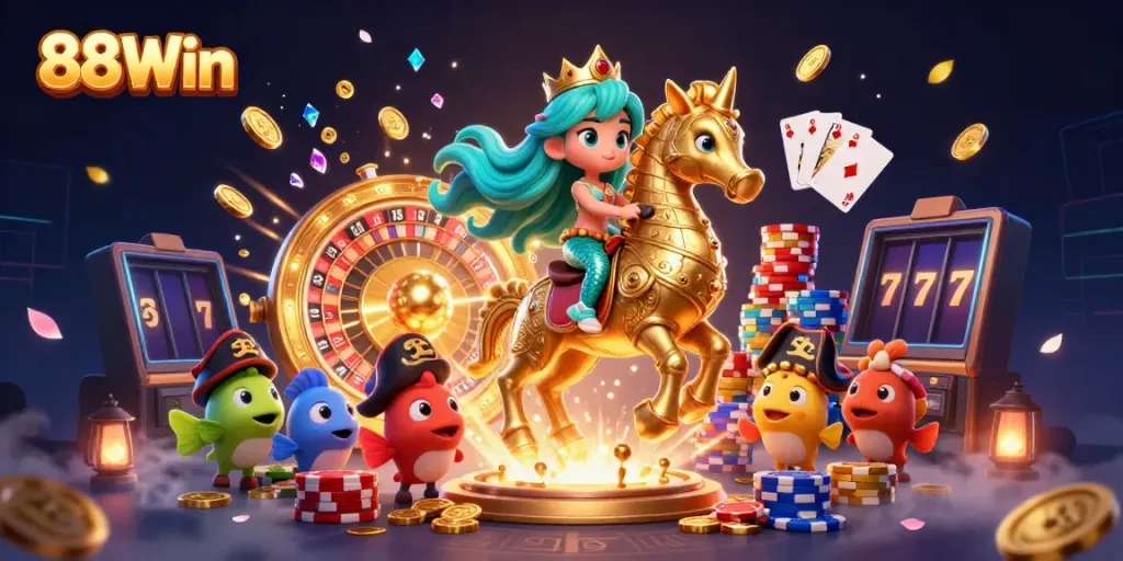 Experience thrilling gaming with the 88Win casino illustration featuring magical characters and classic gambling elements.