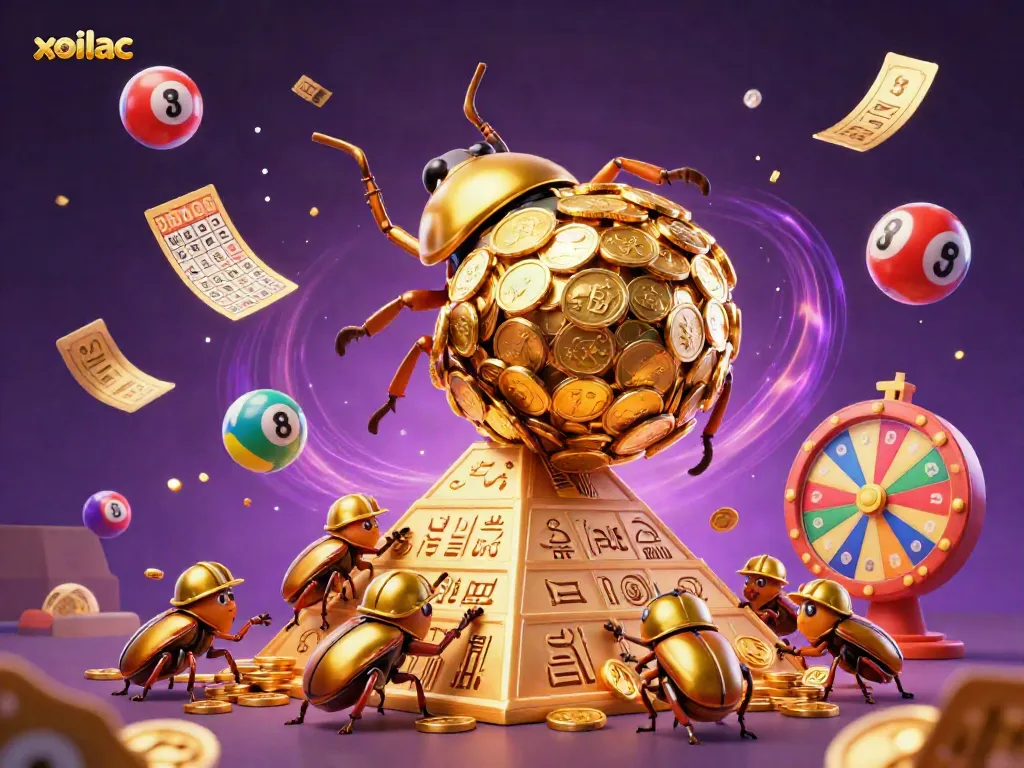 Experience the joy of gambling with xoilac as golden beetles roll in coins amid a cascade of lottery elements.