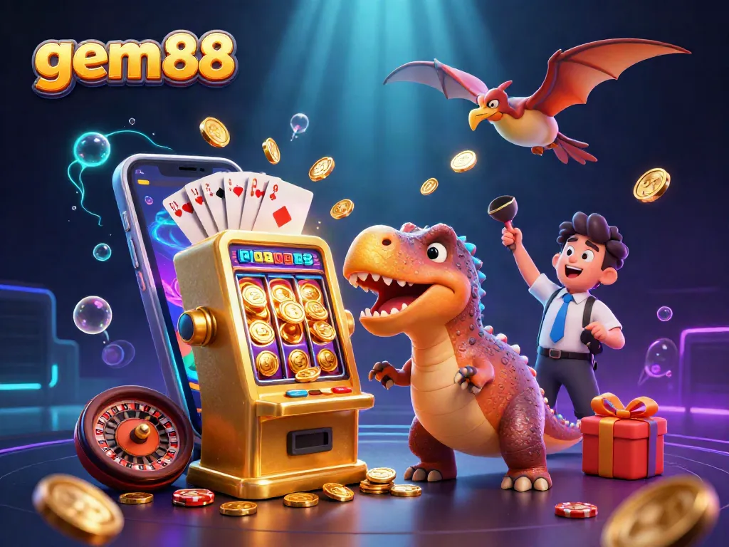 gem88 surprises players with jackpot prizes in a dynamic and colorful casino scene.