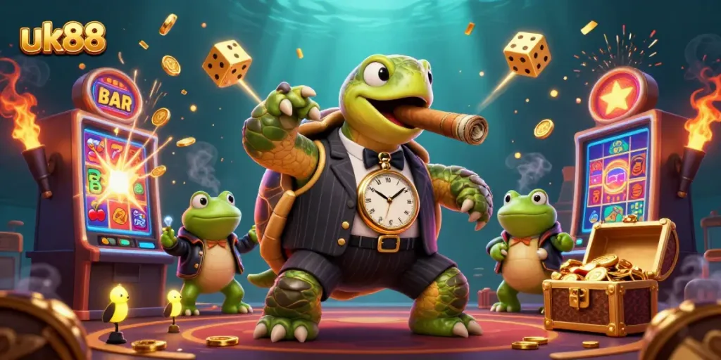 Experience the excitement of uk88 with a vibrant casino scene featuring a turtle mobster and jackpot wins.