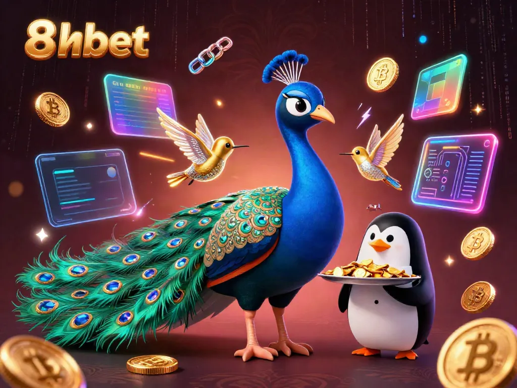 Experience excitement at 8xbet with a vibrant 3D casino scene showcasing colorful characters and crypto coins.