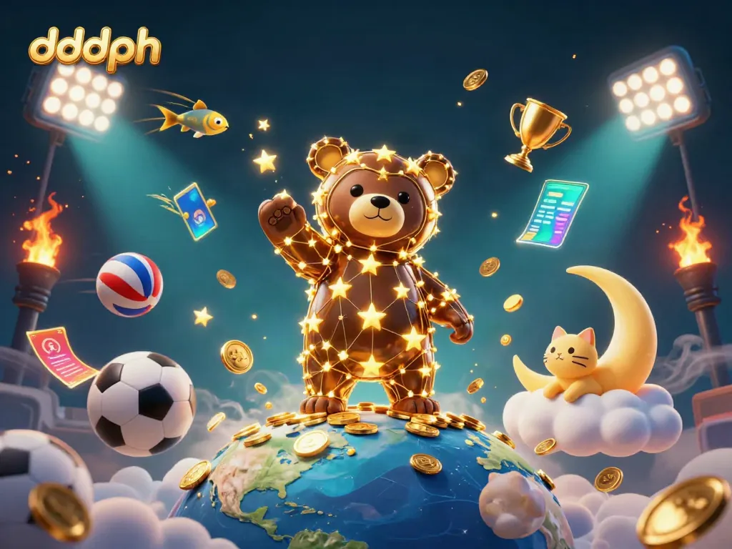Experience exciting dddph gaming with a vibrant illustration of stars, sports, and tokens.