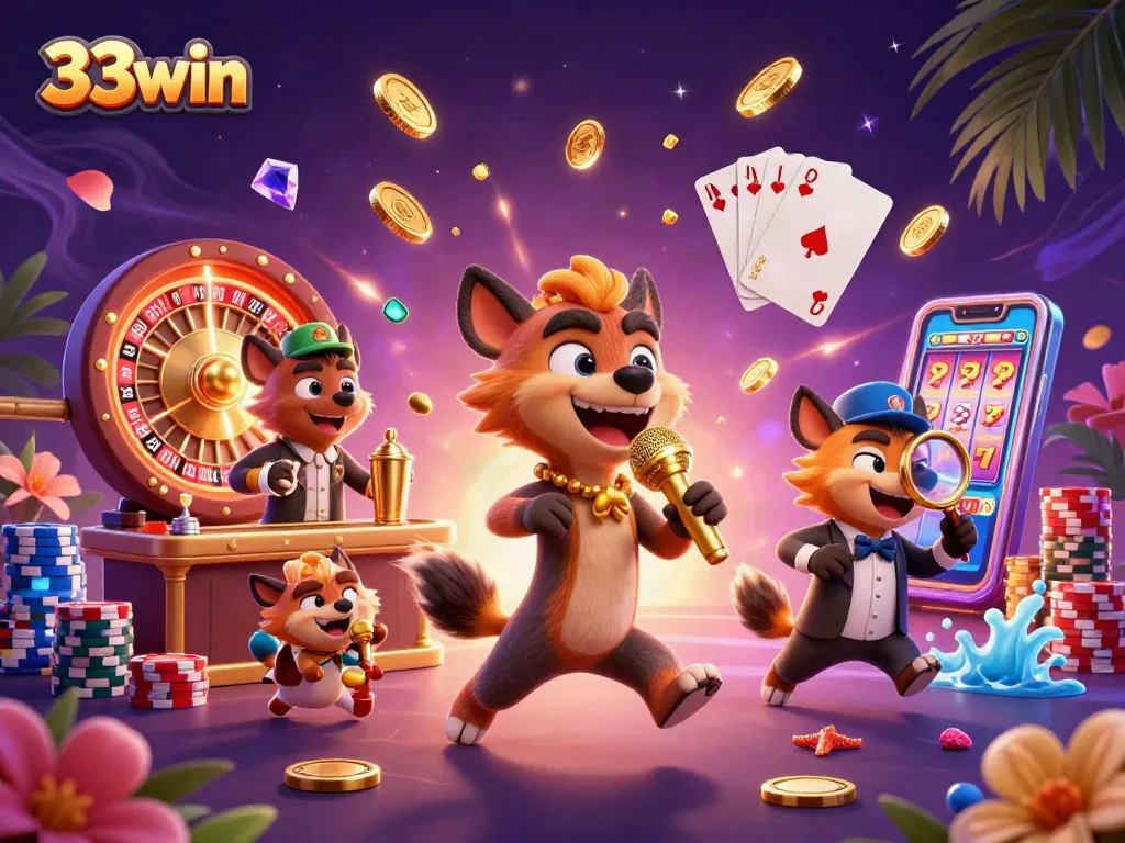 Experience thrilling gaming at 33win's vibrant casino with friendly hyena characters.