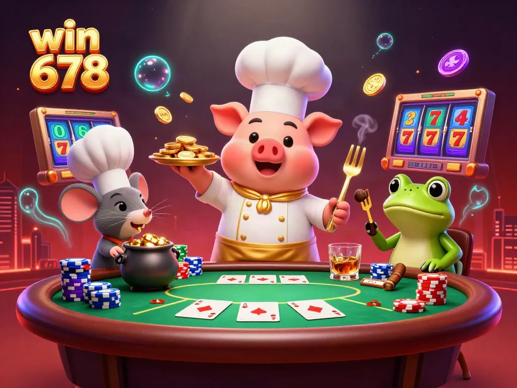 Experience the excitement of win 678 with a vibrant 3D casino scene featuring lively characters and rich details.