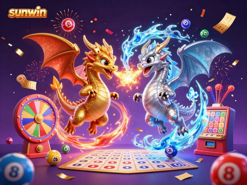 Join the excitement at sunwin with dynamic lottery games represented by colorful lottery balls and dragons.