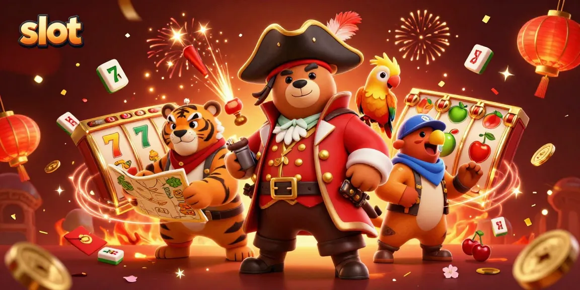 Spin the vibrant slot reels with a joyful pirate captain bear and his fierce tiger first mate amidst dazzling fireworks.