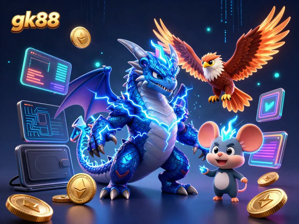 Engage with gk88's thrilling digital animation showcasing a thunder dragon and lightning elements in a vibrant casino context.