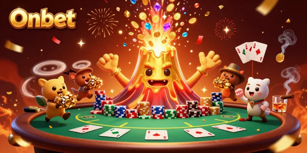 Experience Onbet's gaming excitement with a vibrant eruption of treasures and poker thrills.