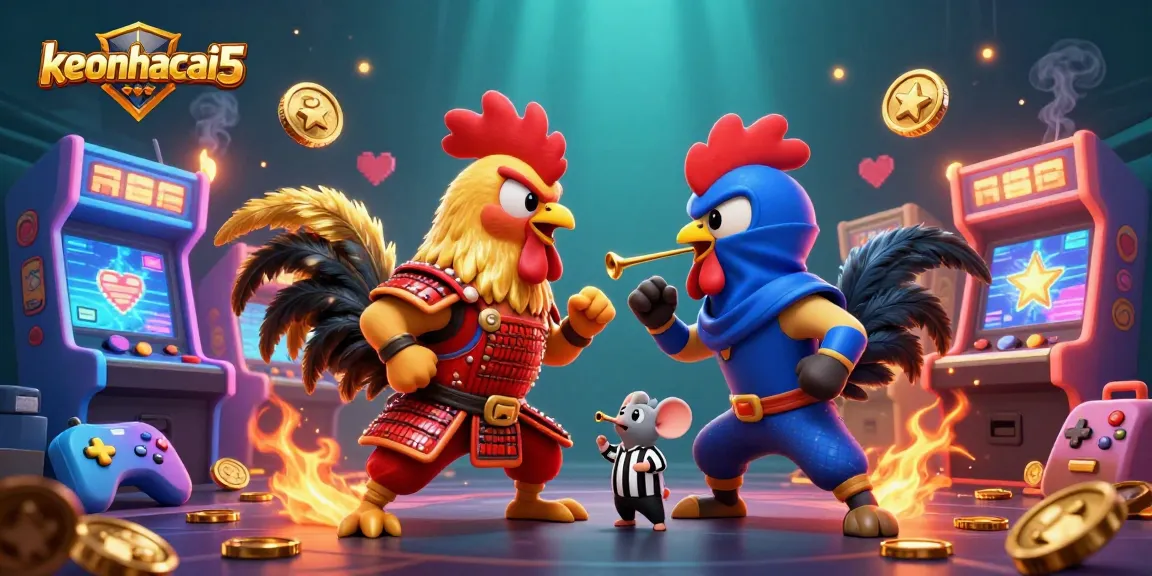 Engage with keonhacai5 through a thrilling illustration of fierce roosters in a dramatic betting arena