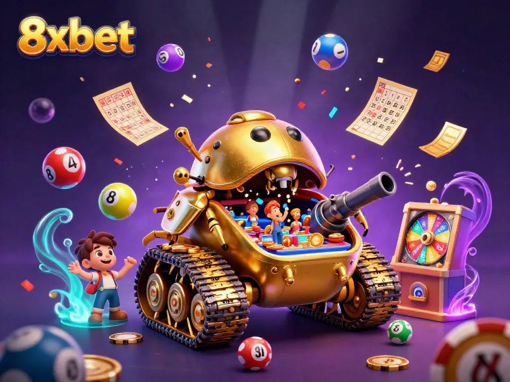 Experience the vibrant casino scene of 8xbet with a golden beetle tank in a dynamic 3D illustration.