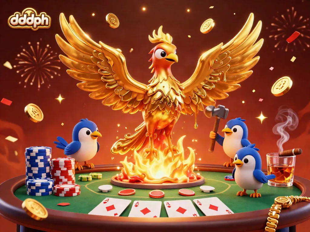 Join the excitement of dddph with a molten gold phoenix soaring amidst poker chips and cards.