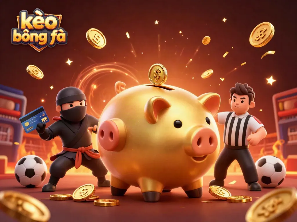 Engage with kèo bóng đá by witnessing a dynamic scene of a piggy bank sumo wrestler empowering the betting action.