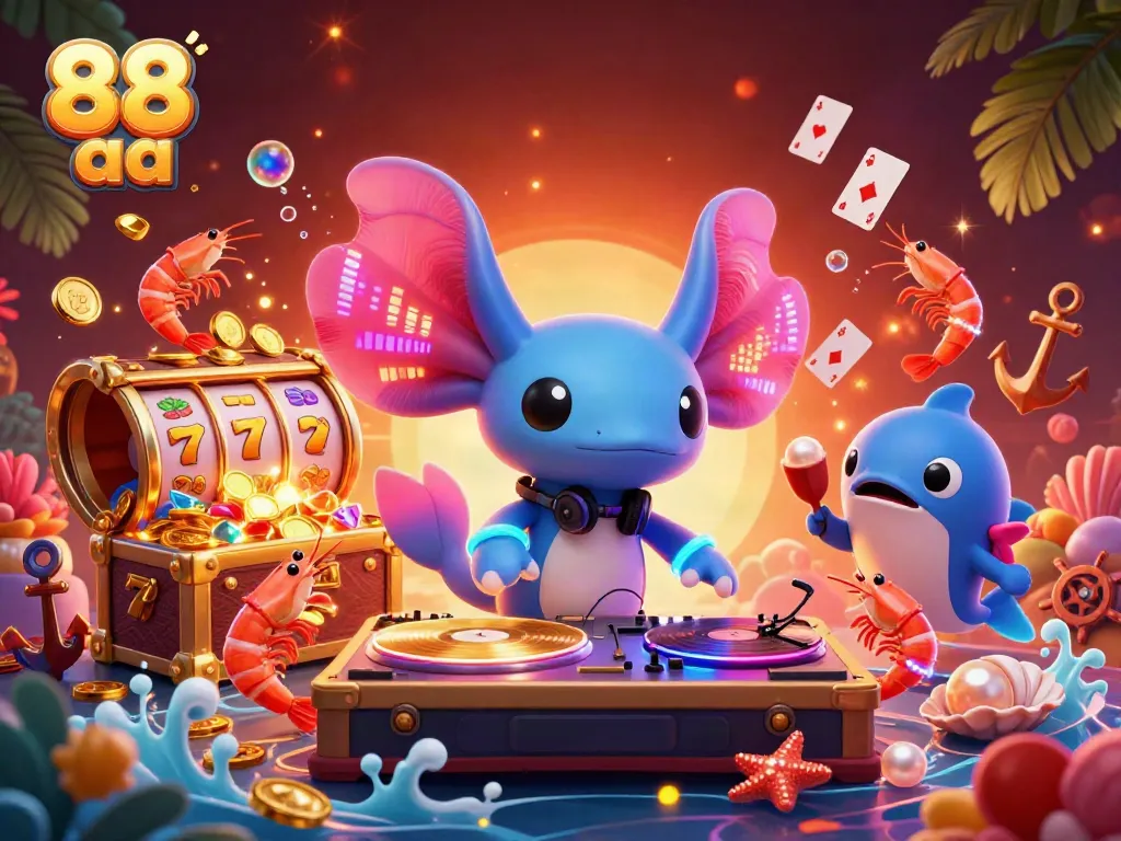 Engaging 88 aa casino scene featuring a neon axolotl DJ with gold coins and slot elements.