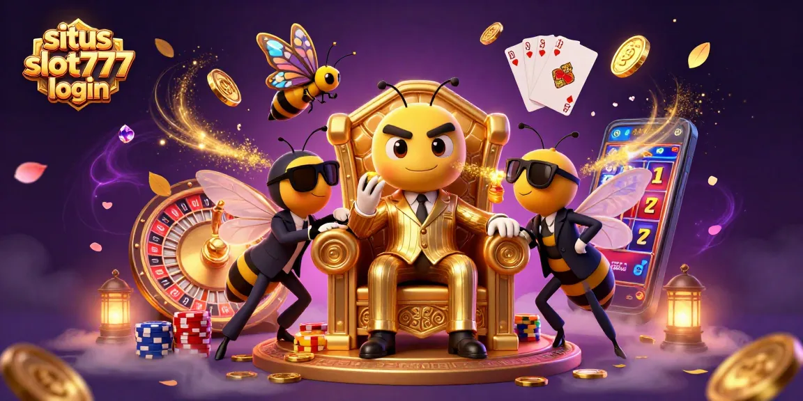 situs slot777 login brings excitement as a cartoon bumblebee mob boss rules a casino realm, surrounded by riches and games.