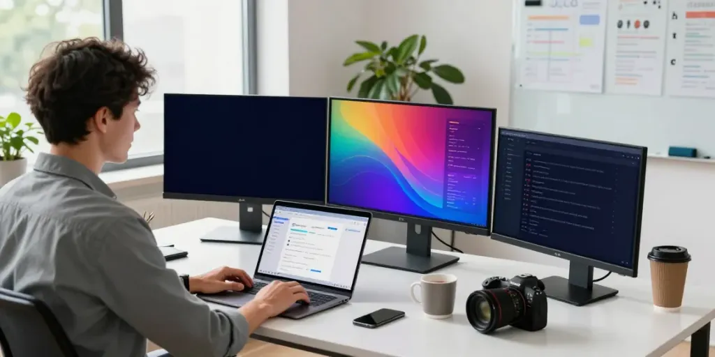 Individual optimizing instant indexing strategies at a modern tech workspace with analytics on display.