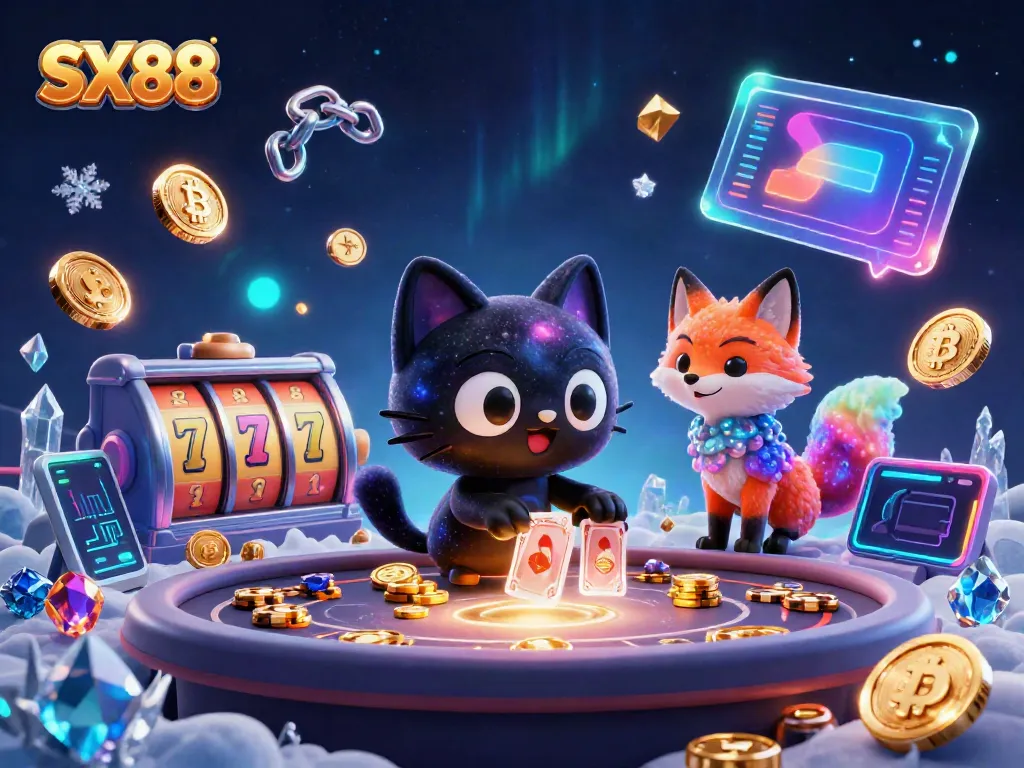 Experience thrilling gaming at SX88 with an enchanting cosmic casino scene featuring vibrant characters and slot elements.