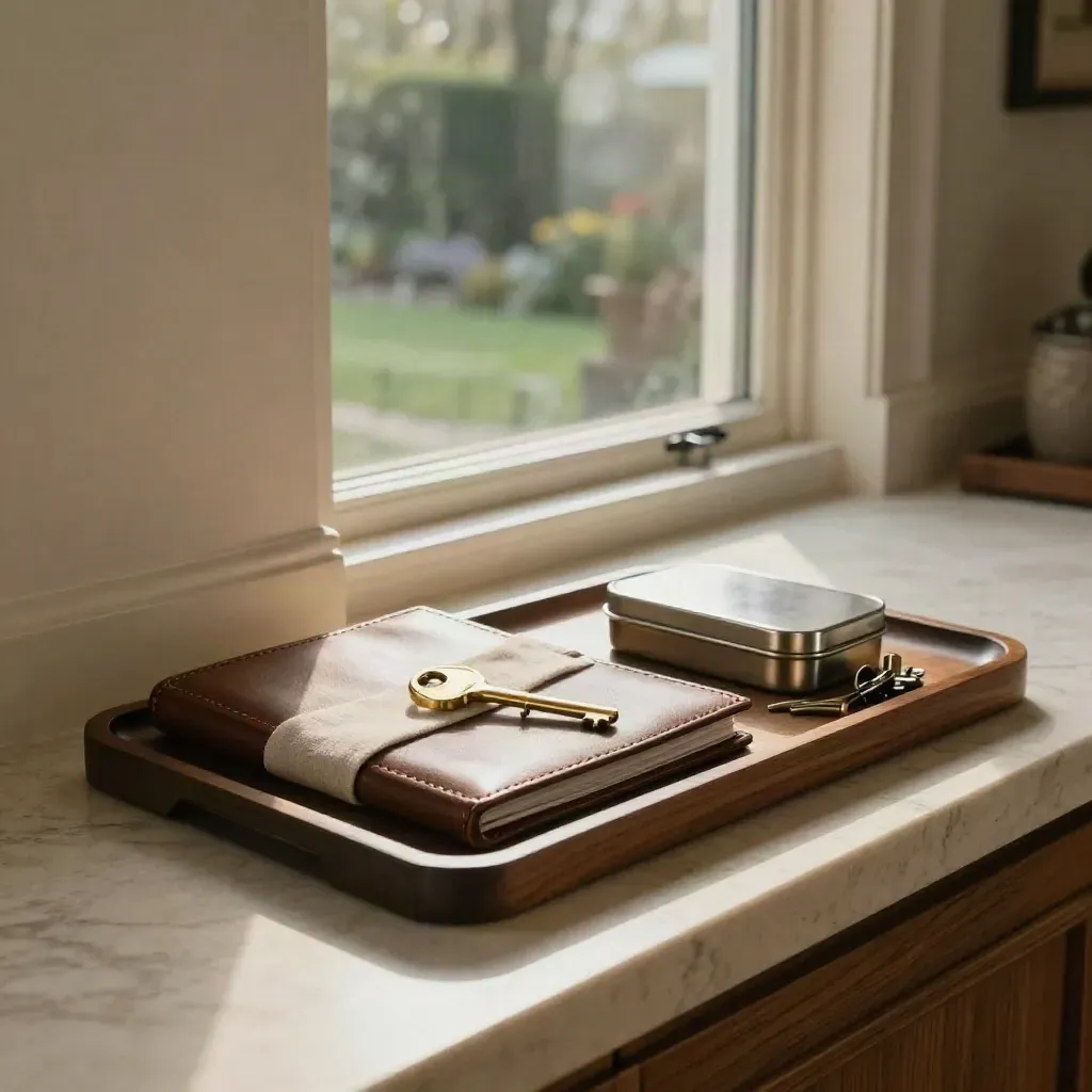 Brass house key, mortgage folder, savings tin and keys on a sunlit windowsill