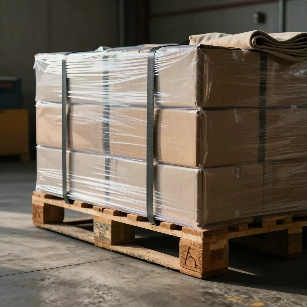 Shrink-wrapped stock pallet in a sunlit warehouse, symbolising business finance.