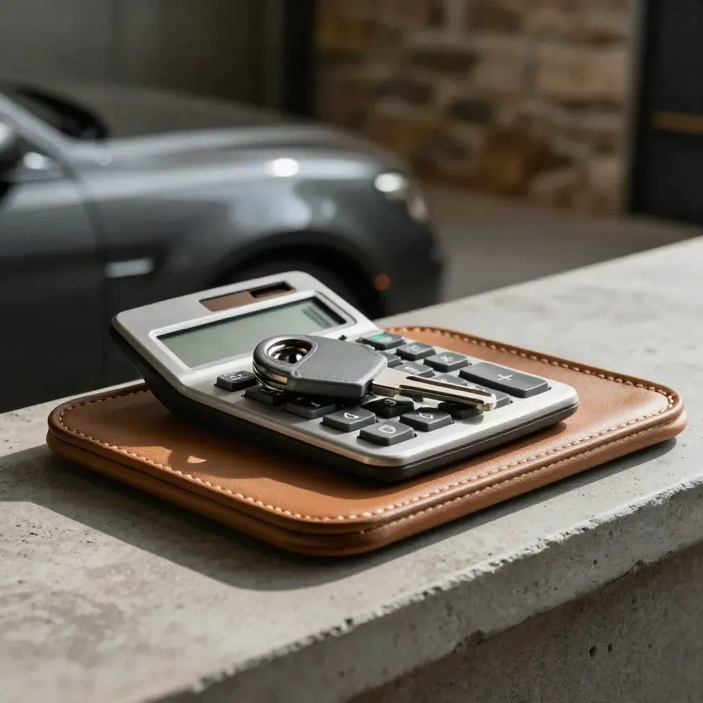 Car key, key fob and calculator on a concrete shelf in warm daylight.