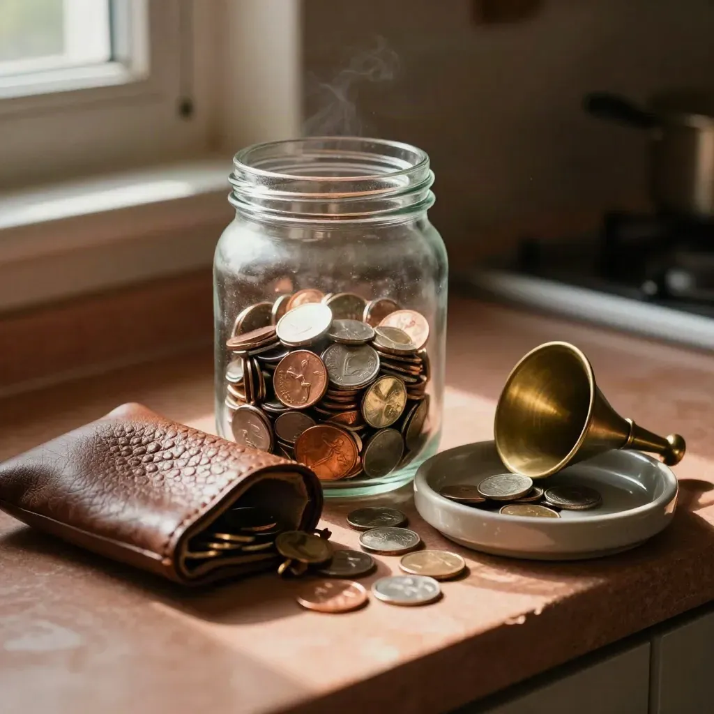 Macro of a glass savings jar, loose coins, leather pouch and ceramic dish on a terracotta ledge.