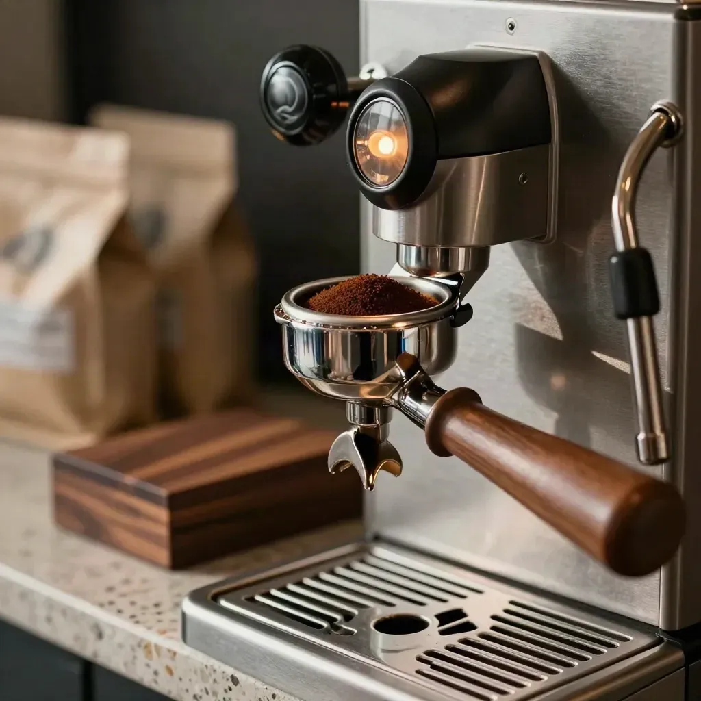 Macro of a café espresso machine, grinder and steaming kit on a warm stone counter.