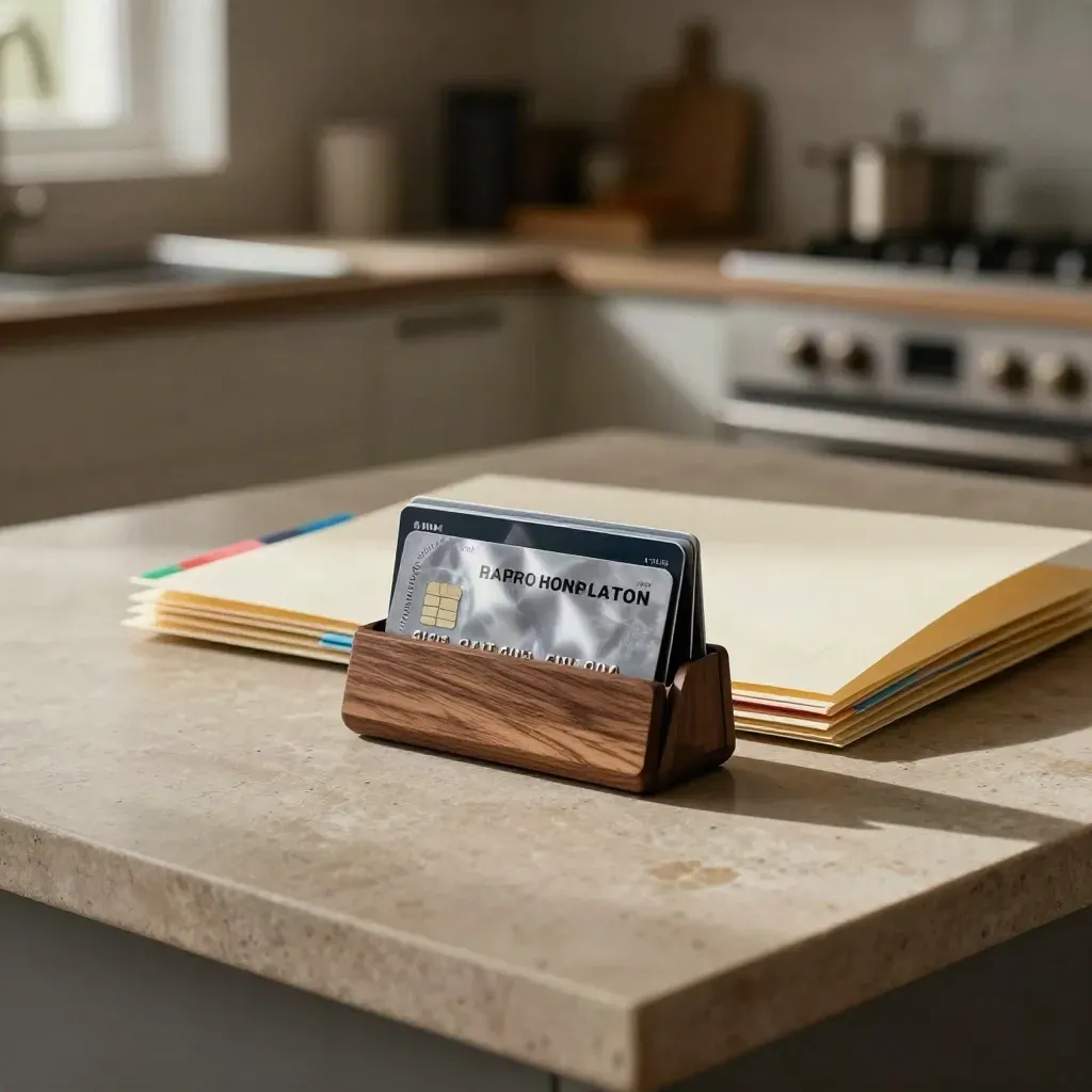 Neat debt-consolidation cards and finance folder on a warm limestone kitchen island.
