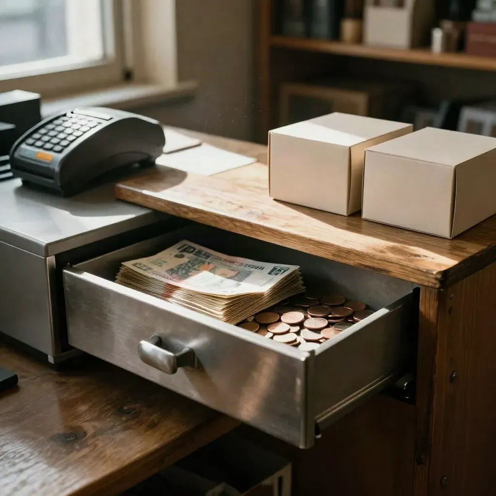 Open cash drawer with banknotes, coins, card terminal and stock cartons in warm shop light.