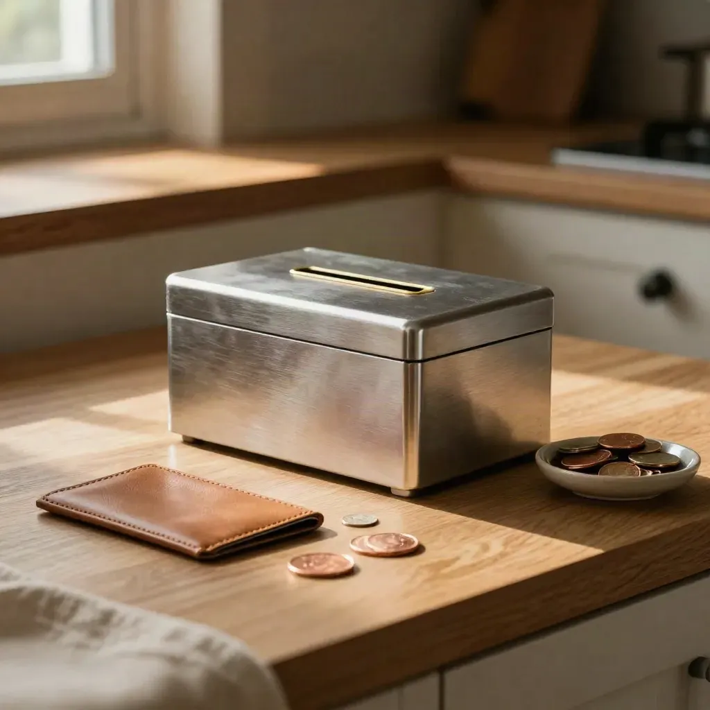 Savings box, leather card sleeve and coin dish on an oak sideboard in warm window light.