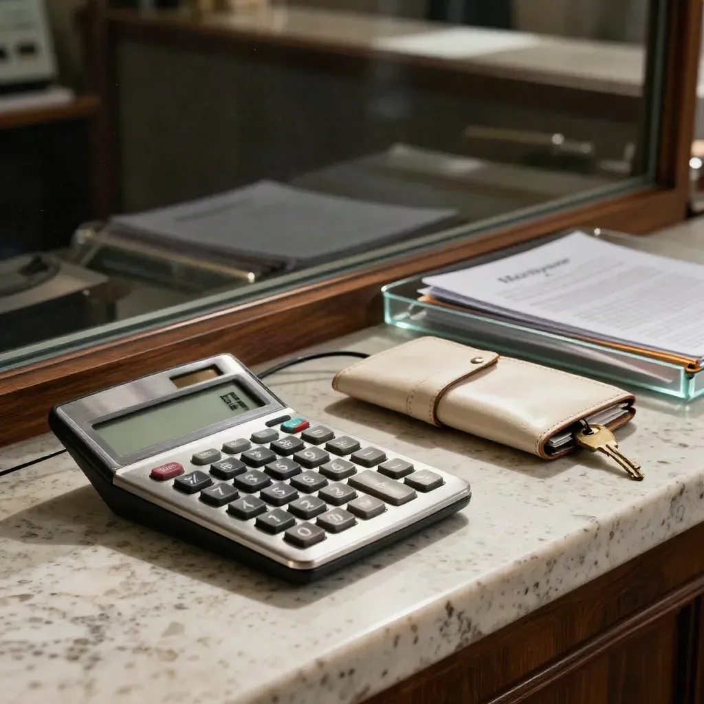 Calculator, card reader, house key and folders on travertine in a dark finance workspace