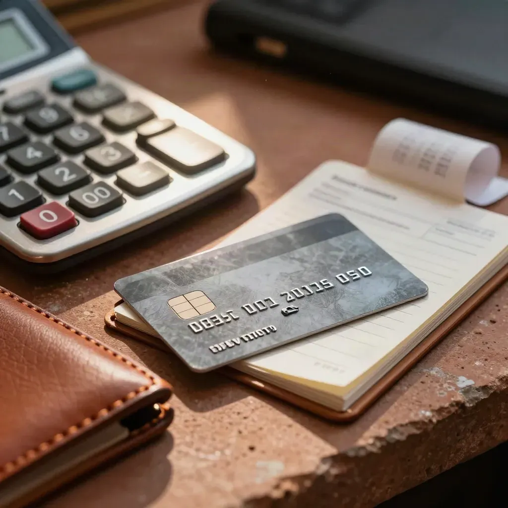 Extreme macro of calculator keys, payment card chip and debt folder textures on a clay stone counter.