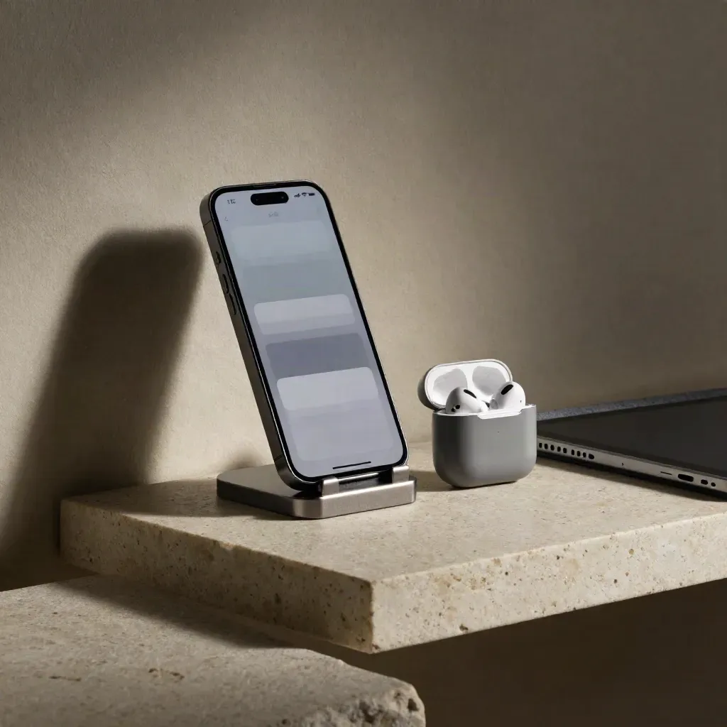 Smartphone, earbuds case and tablet on a stone shelf, lit softly like a premium finance call setup.