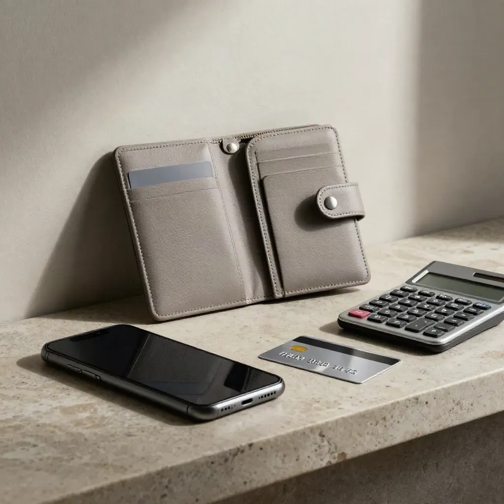 Finance still life with a document wallet, calculator, phone, and card on a stone shelf.