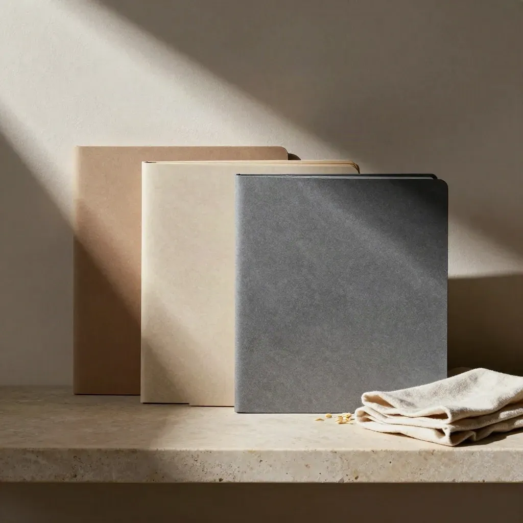 Three textured finance folders on a limestone shelf, side-lit in a moody still life.
