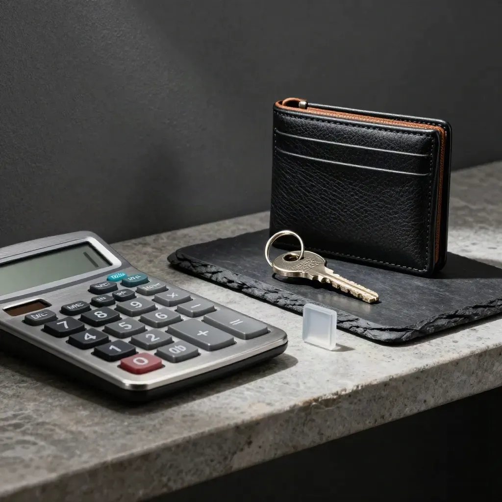 Brushed calculator, leather card wallet and house key on a stone shelf under side light.