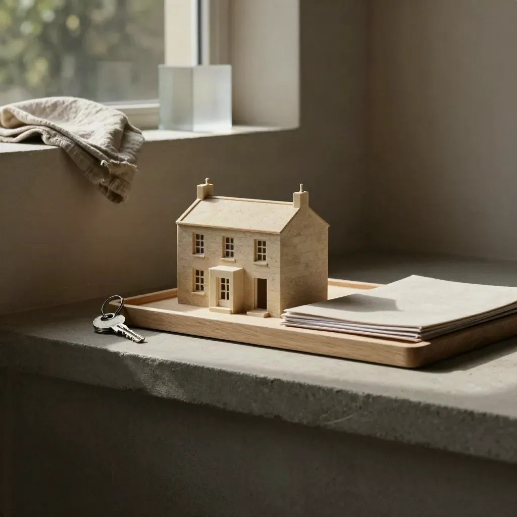 House model and property folders on a sunlit ledge for South East England.