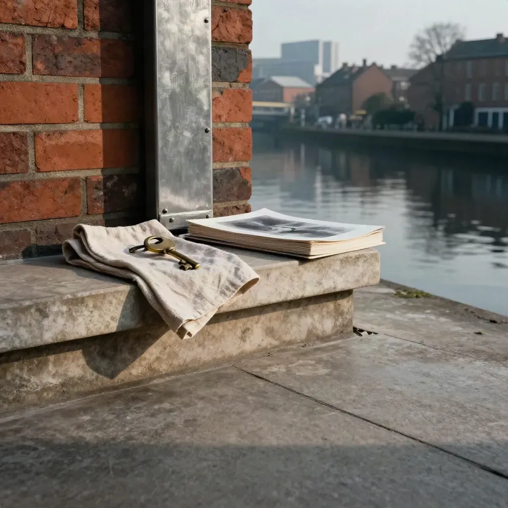 West Midlands canal-side brick, key and folio on a calm stone ledge