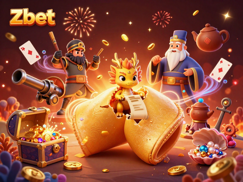 Zbet showcases an immersive casino experience, featuring a golden fortune cookie and creative gaming elements.