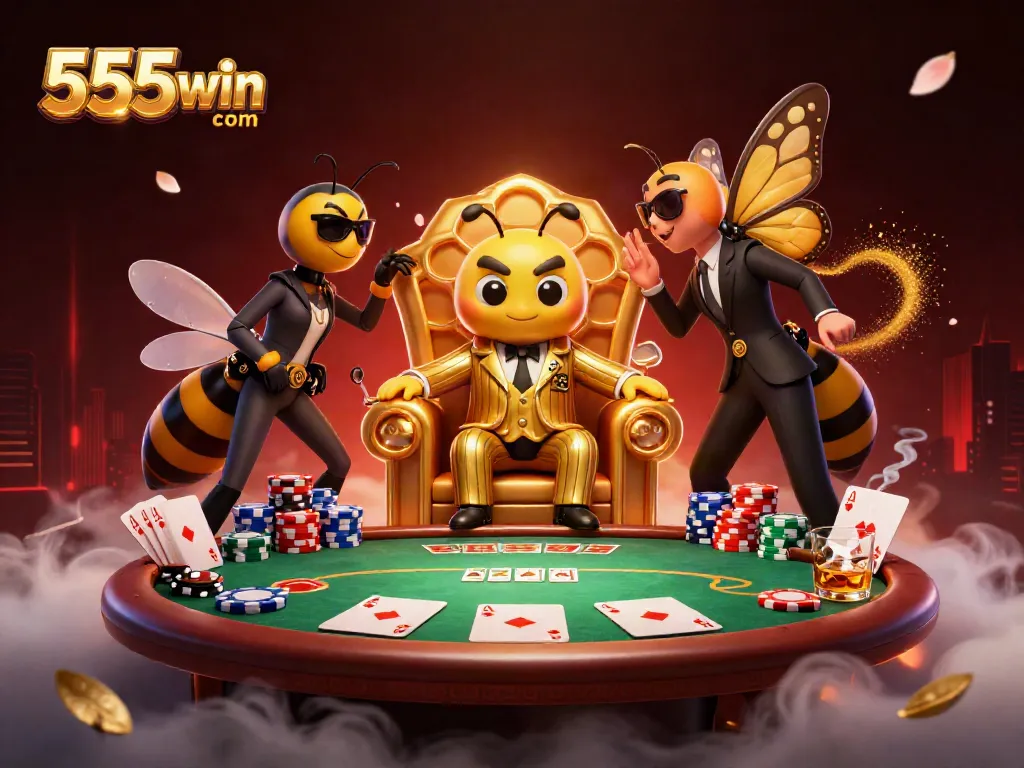 Engage with the exciting scene of 555win com featuring a bumblebee mob boss and vibrant poker elements.