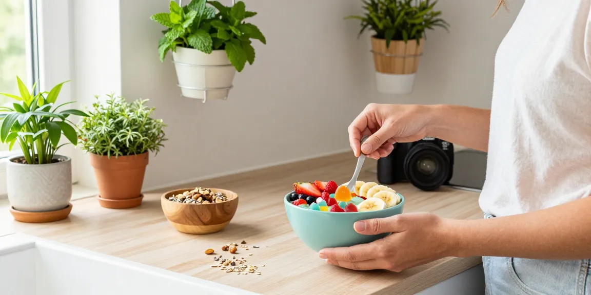 Person preparing a smoothie bowl with cbd gummies from CBD North in a bright kitchen.