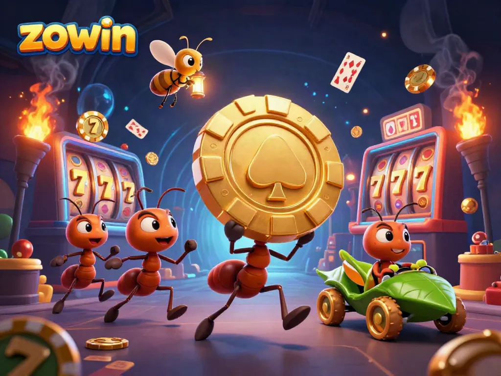 Engage in thrilling casino action with zowin, featuring playful ants in a heist for golden poker chips.