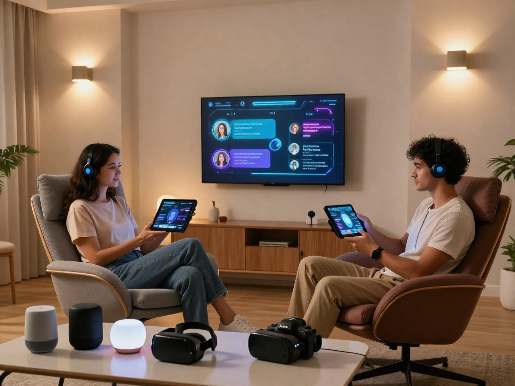Couple exploring AI companionship devices, showcasing ai sex technology in a cozy, modern setting.