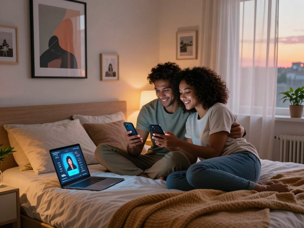 Couple exploring AI companionship apps in a cozy bedroom, representing ai sex.