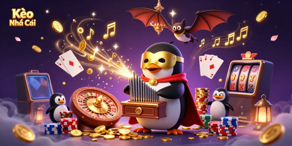 Engaging scene of Kèo Nhà Cái at a casino with golden coins, a penguin playing an organ, and dynamic betting elements.