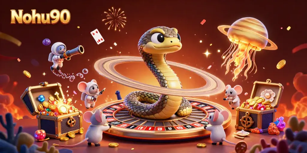 Nohu90 captivates players with a snake-shaped roulette wheel where astronaut mice bet amidst magical cosmic wonders.