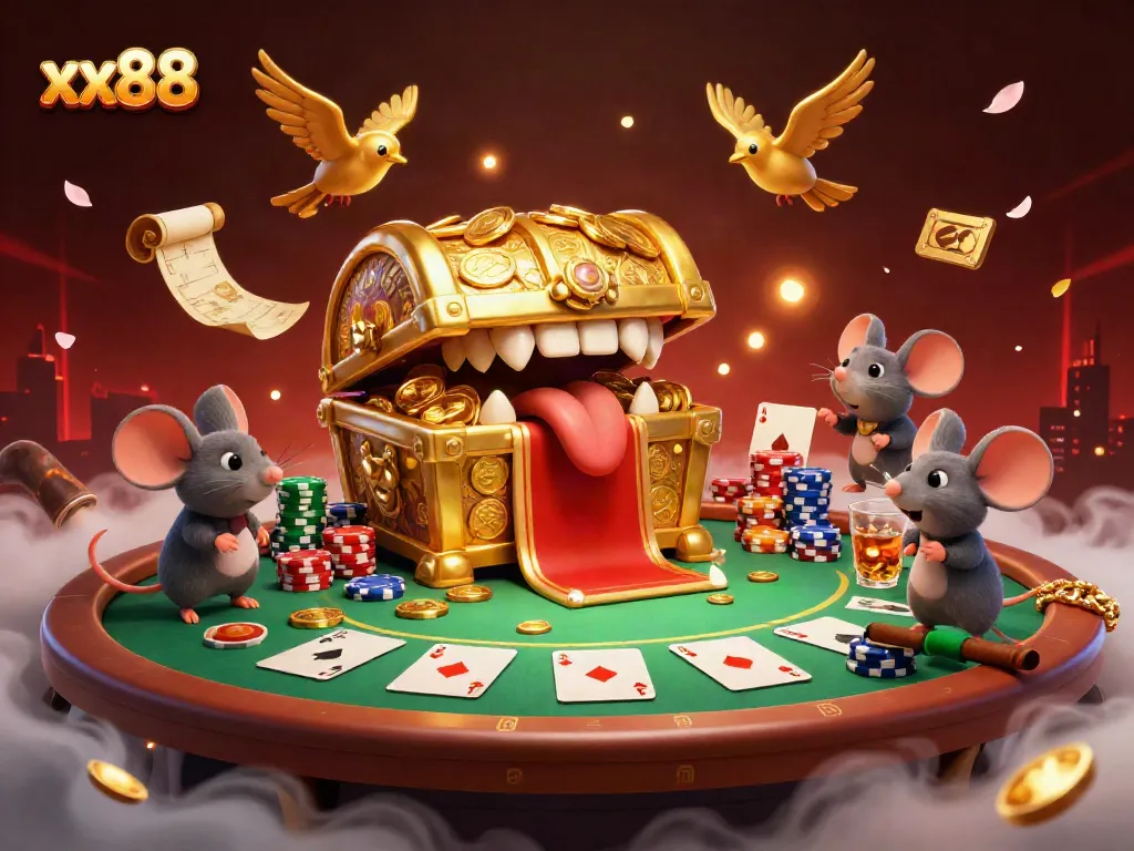 Experience thrilling adventures with xx88's vibrant casino illustration of treasure and poker action.