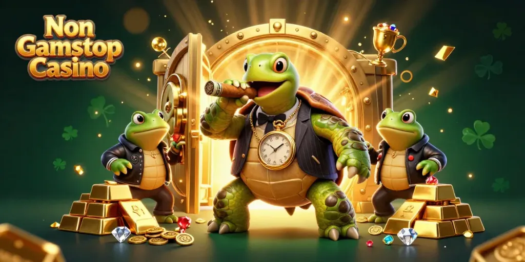 Engage with Non Gamstop Casino's vibrant 3D illustration featuring a snapping turtle mobster and bullfrog enforcers amidst gold treasures.